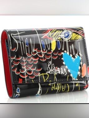 Christian Louboutin Black Patent Graffiti Multicolor Trifold Wallet Brand New